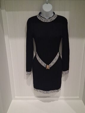 Black Long-Sleeve Knit Dress with Contrasting Greek Key Trim